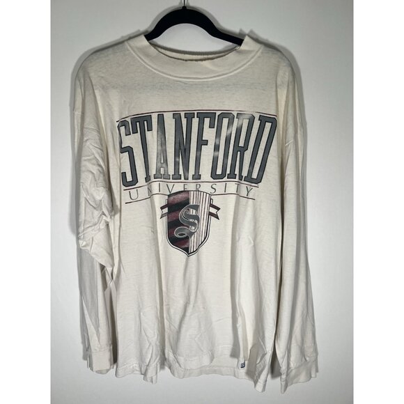 Vintage 90s GEAR Stanford University oversized cream logo LS tshirt thrashed L - Picture 1 of 11